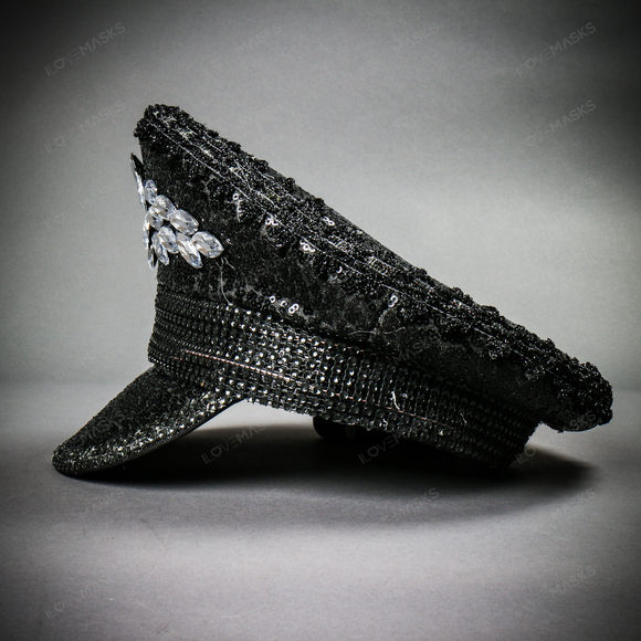 Steampunk Burning Man Captain Hat with Silver Rhinestones - Black - Picture 5 of 10